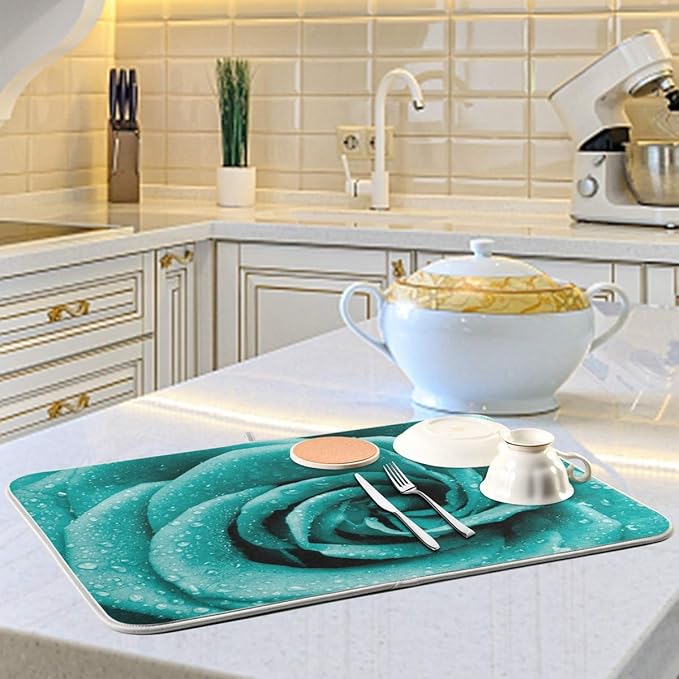 Super Absorbent Dish Drying Mat, Microfiber Fast-Drying Dish Mat, 24" x 18", Kitchen Dish Drying Pad Hipster Turquoise Rose Petals