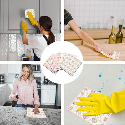 Pink Floral Swedish Dishcloths for Kitchen, 6 Pack Reusable Flower Swedish Dish Cloths, Absorbent Fast Drying Sponge Paper Towels for Cooking Cleaning Home Decoration Housewarming Gifts