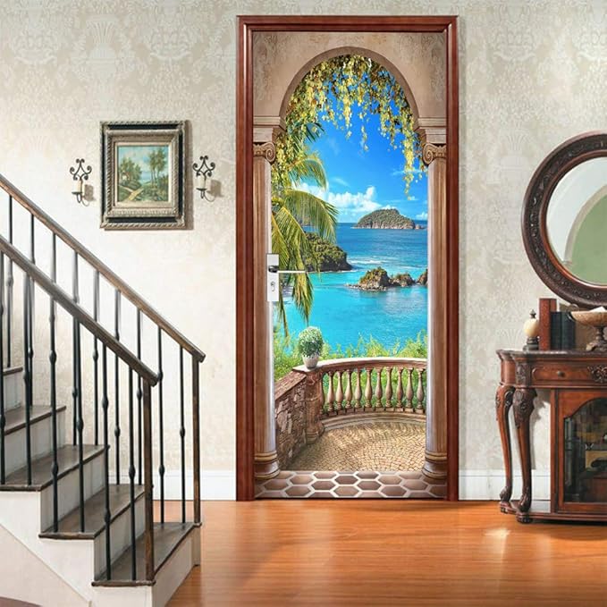 3D Door Stickers Murals - Landscape Peel and Stick Waterproof & Washable Matt Finish Tropical Style White 35.4" x 78.7" 2 Parts
