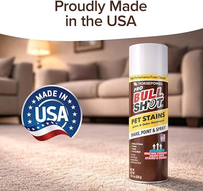 Bull Shot Pet Pro Stain Remover, AS SEEN ON TV, Urine & Odor Emulsifier, Enzyme-Powered Professional Strength Foam for Urine, Feces, Vomit, Odors, Dirt On Carpet, Area Rugs, Upholstery, Old Stains