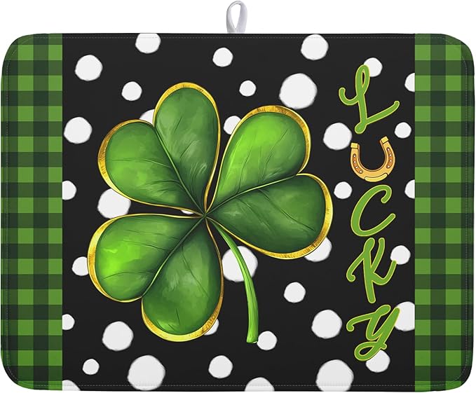 St. Patrick's Day Dish Drying Mats 18x24 Inch Green Clover Shamrock Lucky Kitchen Mat Polka Dot Microfiber Drying Mats Ultra Absorbent Reversible Dishes Drying Rack Pad for Kitchen Countertops