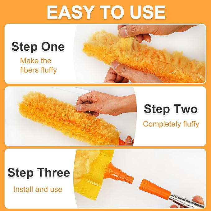 100" Reachable Microfiber Feather Duster, Duster with Extension Pole, 3 pcs Replacement Duster Head, Cleaning Tools for High Ceilings and Fans, Blinds, Cars and Furniture