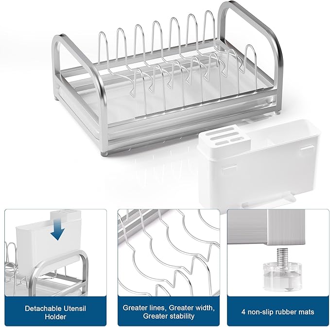 Extra Small Dish Drying Rack, 304 Stainless Steel Plate Rack for Cabinet, Dish Rack for Kitchen Counter w Cutlery Holder, Dish Drainer w Drainboard Save Space, Pot Lid Organizer for Cabinet