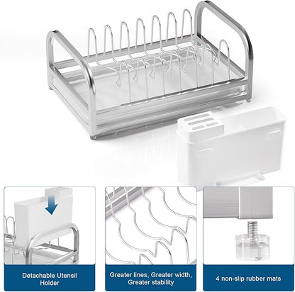 Extra Small Dish Drying Rack, 304 Stainless Steel Plate Rack for Cabinet, Dish Rack for Kitchen Counter w Cutlery Holder, Dish Drainer w Drainboard Save Space, Pot Lid Organizer for Cabinet