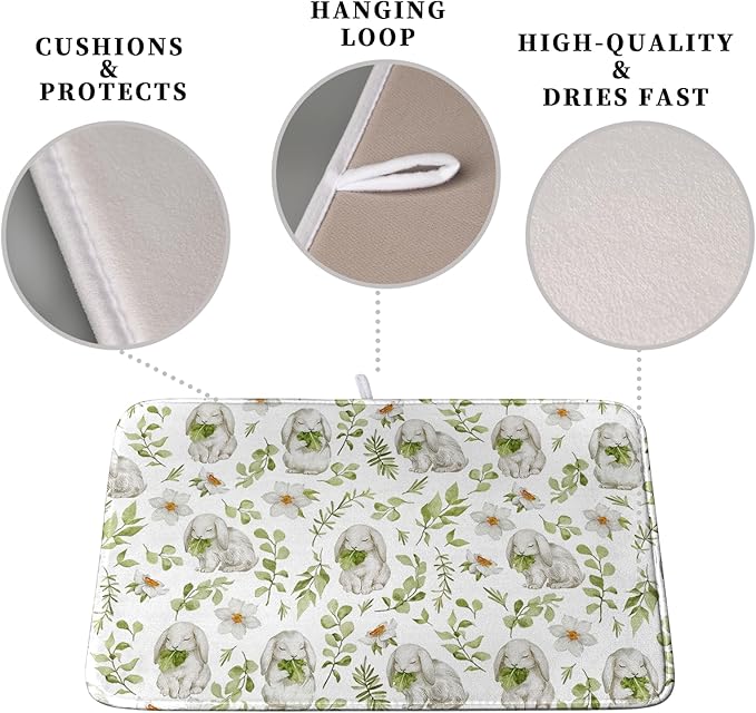 Easter Bunny Floral Drying Mat for Kitchen Counter Spring Easter Rabbits Green Leaves Dry Dish Mat Absorbent Microfiber Dish Draining Washable Dish Drainer Rack Mat Large 18x24 Inch