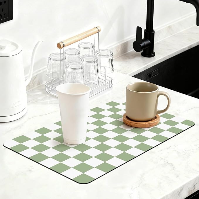 16" x 24" Checkered Dish Drying Mat for Kitchen Counter, Absorbent Coffee Bar Mat for Espresso Machine Coffee Countertops Accessories (Green)