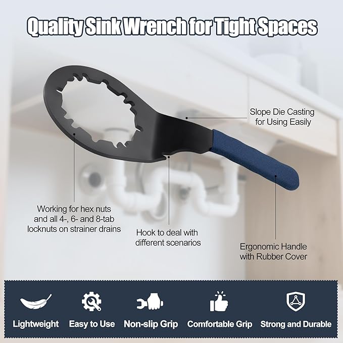 Universal Sink Drain Wrench for Loosen Tighten Strainer Locking Nut Fits All 4-, 6- and 8-tab, Toilet Bathroom Kitchen Sink Wrench