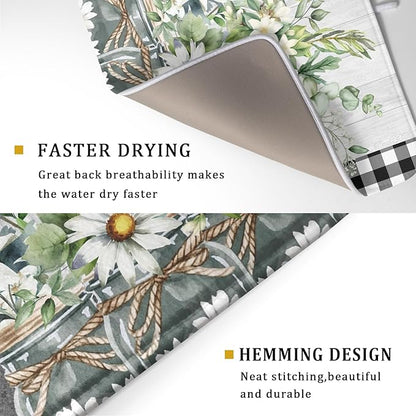 Spring Daisy Floral Dish Drying Mat for Kitchen Counter Watercolor Flowers Absorbent Dishes Drainer Rack Mat 18x24 Inch Microfiber Dish Drying Pads Spring Kitchen Drying Dishes Pad for Countertops