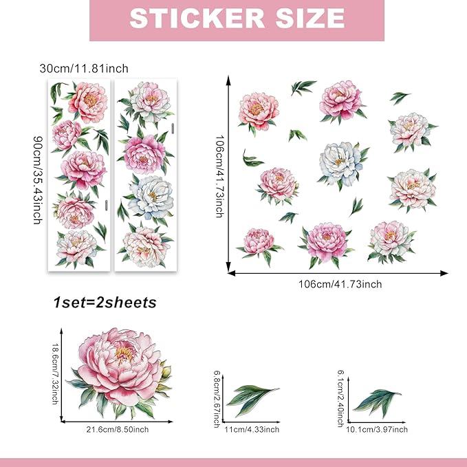 Peony Flower Wall Decal Pink Flower Plant Wall Stickers Natural Theme Peel and Stick Decor Suitable for Living Room Bedroom (Peony Flower)