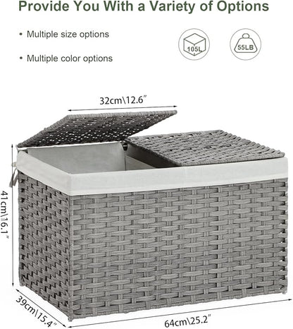 Storage Basket with Lid Rattan Storage Basket with 2 Separate Lid, 27.8 Gallon (105 L) 25.2 * 15.4 * 16.1 Inches Woven Wicker Baskets with 2 Liners and Handles for Bedroom Laundry-Gray