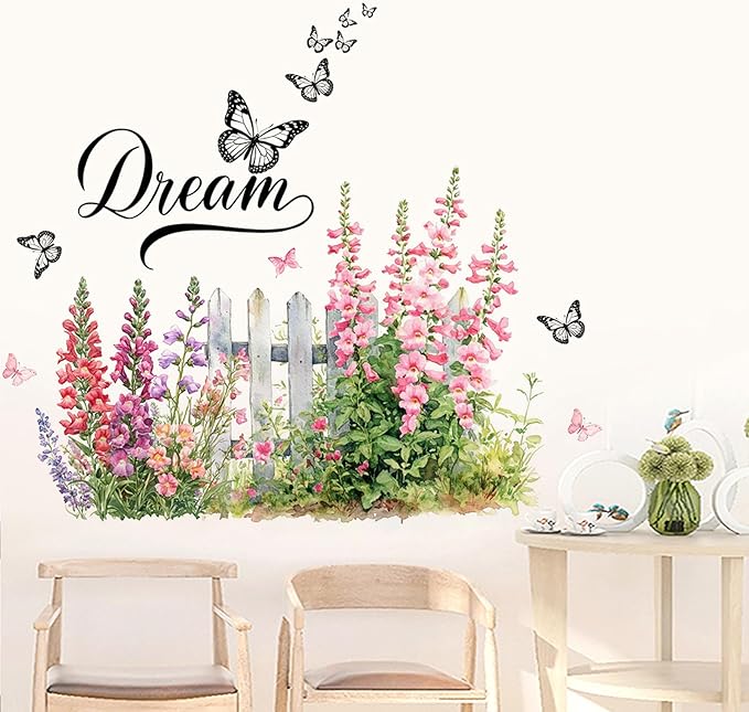 Romantic Bellflowers Fence Decals Floral Wall Decor, Campanula Fence Flowers Stickers Wall Art Murals, Flower Pattern Self-Adhesive Stickers for Girls Bedroom Bathroom Door Nursery Decor