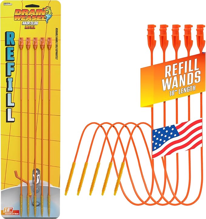 FlexiSnake Drain Weasel Refill - Sink Snake Hair Clog Remover Tool, Sink, Pipe, Bathroom, Bathtub Drain Cleaner, 18-inch Long Flexible Disposable Wands, Made in The USA, 5 Pack