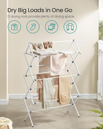 SONGMICS Foldable Clothes Drying Rack, Laundry Drying Rack, Clothes Airer, Steel Frame, 14.6 x 36.6 x 53.2 Inches, Easy Assembly, Indoor Outdoor Use, Pearl White ULLR771W01