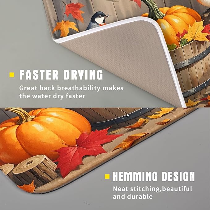 Fall Dish Drying Mat for Kitchen Counter 16x18 Autumn Pumpkin Birds Harvest Theme Thanksgiving Absorbent Reversible Microfiber Drying Mats Kitchen Countertop Protector Dishes Drainer Pad