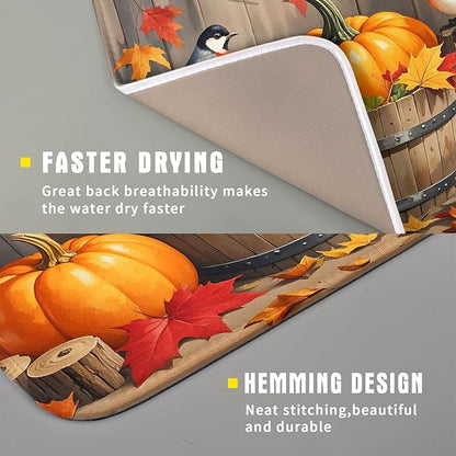 Fall Dish Drying Mat for Kitchen Counter 16x18 Autumn Pumpkin Birds Harvest Theme Thanksgiving Absorbent Reversible Microfiber Drying Mats Kitchen Countertop Protector Dishes Drainer Pad