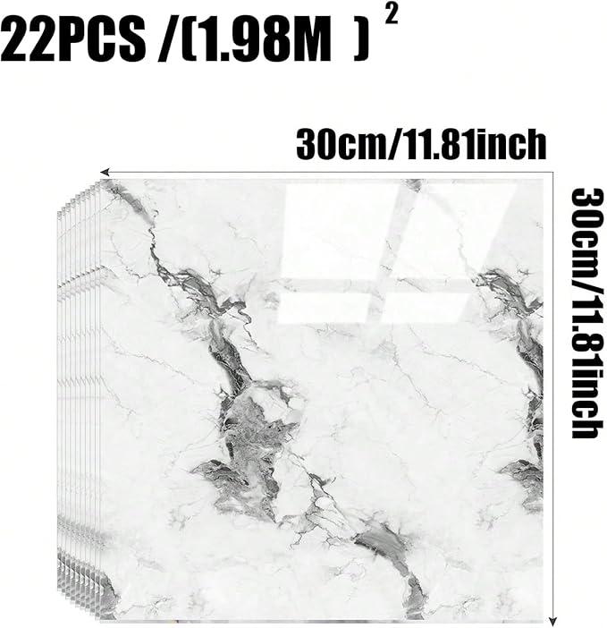 Chejiaye 22pcs Marble Peel and Stick Backsplash Waterproof Washroom Wall Panels, Peel and Stick Tile, PVC Foam Wall Panels for Kitchen,Bathroom,Living Room,White and Grey(Not Real Tile,11.8" x 11.8")