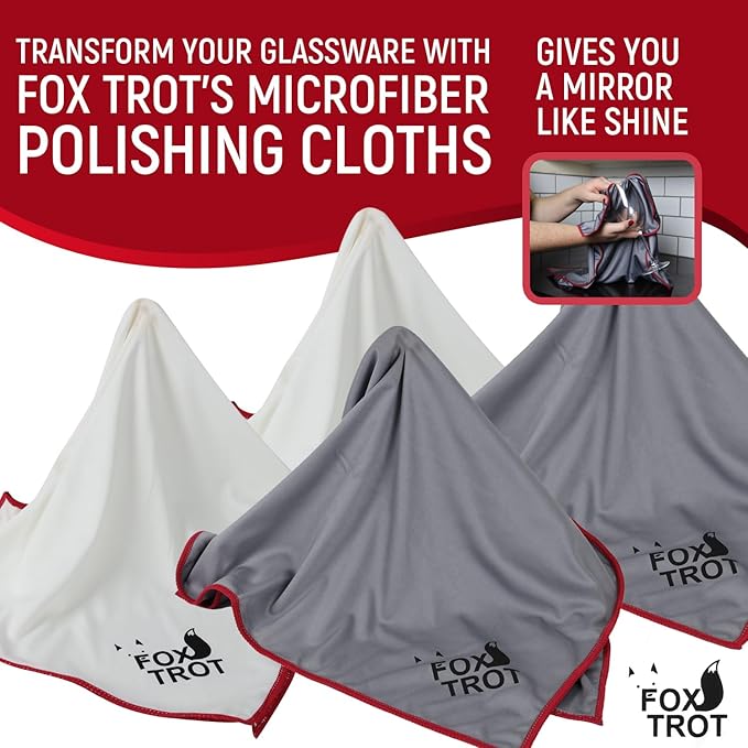 Fox Trot Large Microfiber Polishing Cloths (4 Pack White | Gray) | Streak Free, Lint Free Shine and Clarity for Wine Glasses, Stemware and More