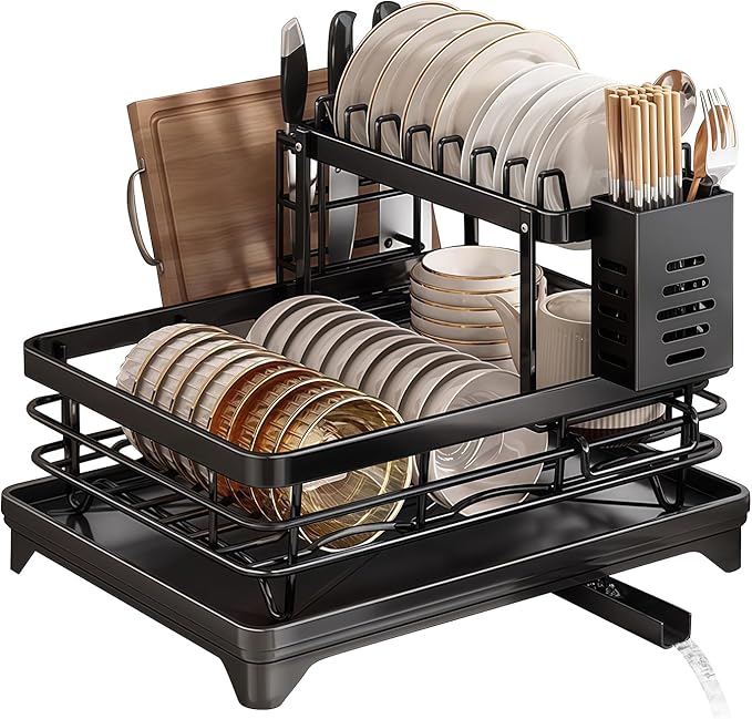 2-Tier Stainless Steel Dish Drying Rack with Drainboard - Utensil & Cutting Board Holder, Kitchen Counter Organizer Dish Drainer for Plates Bowls Cups Silverware, Space-Saving Functional, Matte Black