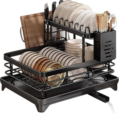2-Tier Stainless Steel Dish Drying Rack with Drainboard - Utensil & Cutting Board Holder, Kitchen Counter Organizer Dish Drainer for Plates Bowls Cups Silverware, Space-Saving Functional, Matte Black