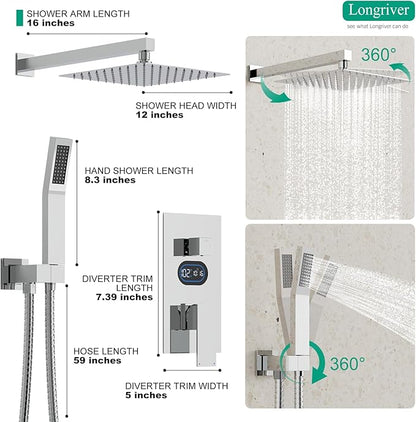 Shower Faucet Set with Hydro Power Temperature Display, Shower System Bathroom 12 Inches Shower Head with Handheld Spray, Wall Mounted Shower Fixtures with Shower Valve and Trim Kit, Polished Chrome