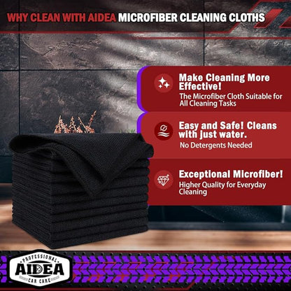 AIDEA Microfiber Cleaning Cloth Black 10PK, Microfiber Towels for Cars, Premium Wash Cloths, Dusting Cloth Lint Free Cleaning Rags for SUVs, House, Kitchen, Window, Cleaning Supplies12×12" (Pack of 2)