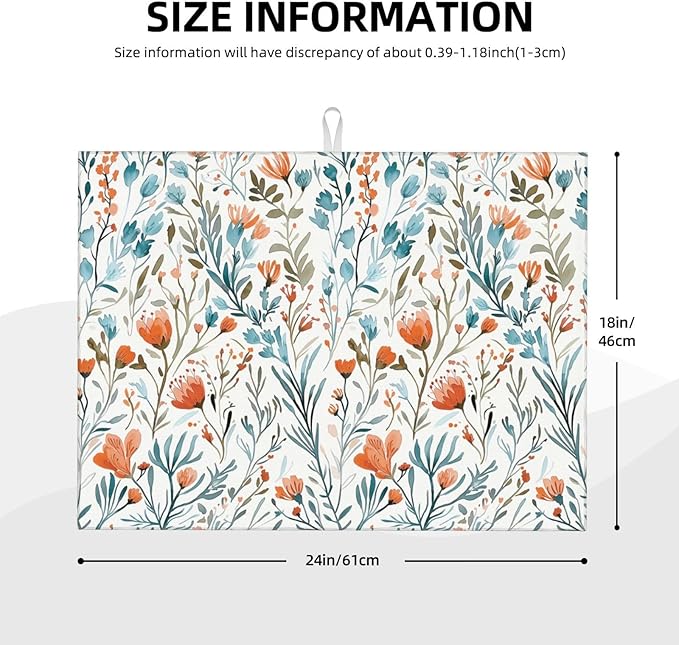 Burnt Orange Teal Floral Dish Drying Mats for Kitchen Counter & Sink, 18" x 24" Absorbent Microfiber Cute Drying Pad for Dishes, Washable Foldable Teal and Orange Dishes Drainer Mats, Boho Home Decor