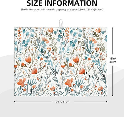 Burnt Orange Teal Floral Dish Drying Mats for Kitchen Counter & Sink, 18" x 24" Absorbent Microfiber Cute Drying Pad for Dishes, Washable Foldable Teal and Orange Dishes Drainer Mats, Boho Home Decor