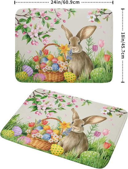 Easter Bunny Colorful Eggs Dish Drying Mat for Kitchen Counter,Spring Flowers Green Grass Drying Mat 18 x 24 Inch with High Absorbent Microfiber Drainer Mat for Coffee Bar