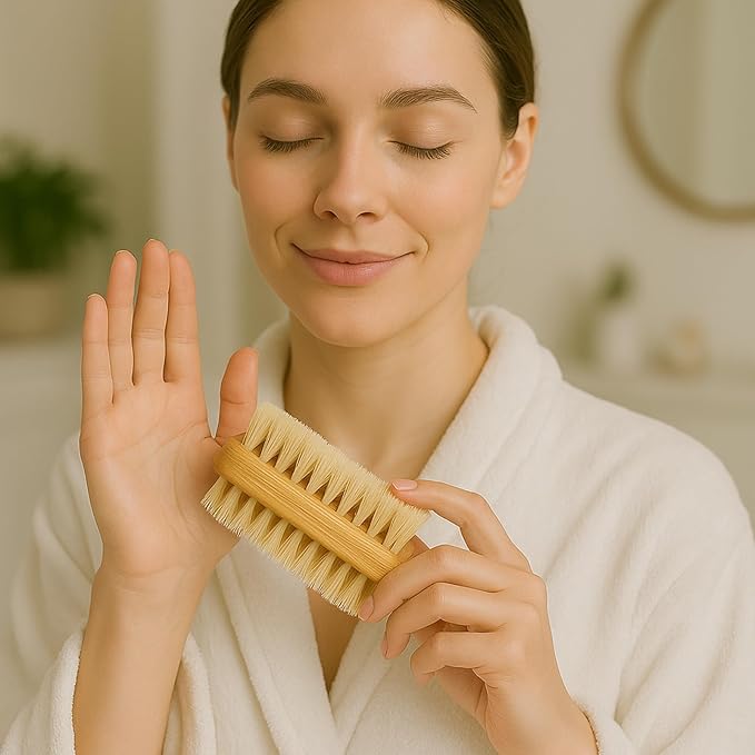 Relumins Dual Sided Nail Brush Bamboo Handle Bristle Exfoliating Tool for Hand Foot Care Grooming Travel Hygiene Use - 2 PC Set