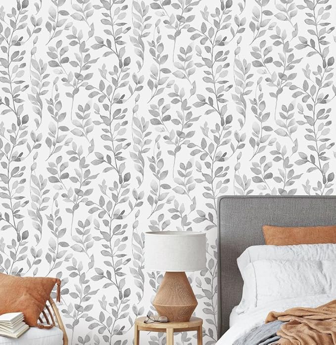 MelunMer Modern Grey Leaf Peel and Stick Wallpaper Boho Gray Contact Paper for Cabinets Self-Adhesive Removable Wallpaper for Bedroom Decor Botanical Contact Paper Bathroom Waterproof 393inL17.3inW