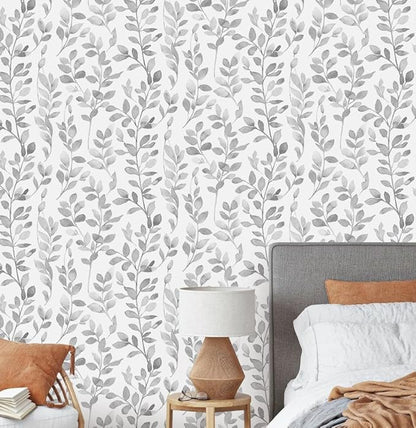 MelunMer Modern Grey Leaf Peel and Stick Wallpaper Boho Gray Contact Paper for Cabinets Self-Adhesive Removable Wallpaper for Bedroom Decor Botanical Contact Paper Bathroom Waterproof 393inL17.3inW