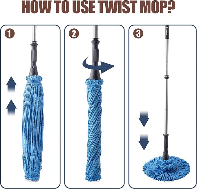 Eyliden Mop with 2 Reusable Microfiber Heads, Easy Wringing Twist Mop, 57.5 inch Long Handle, Wet Mops for Floor Cleaning, Commercial Household Clean Hardwood, Vinyl, Tile, and More (Blue)