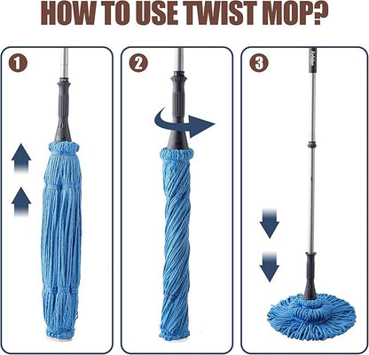 Eyliden Mop with 2 Reusable Microfiber Heads, Easy Wringing Twist Mop, 57.5 inch Long Handle, Wet Mops for Floor Cleaning, Commercial Household Clean Hardwood, Vinyl, Tile, and More (Blue)
