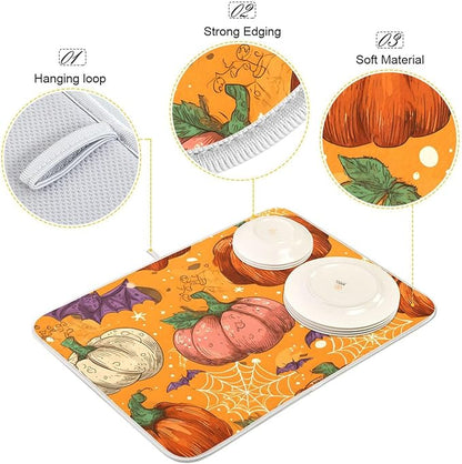 Halloween Colorful Pumpkin Pattern Dish Drying Mat for Kitchen Counter Super Absorbent Drying Mat 18x24 inch Large Dish Drying Matts for Countertop Protector Dishes Pad