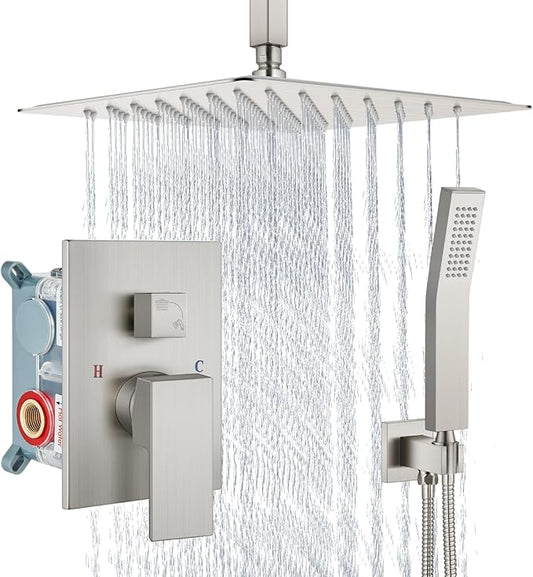 Aolemi Ceiling Mount Shower System Rain Shower Head with Handheld Spray High Pressure Shower Faucet Set Rough-in Valve Shower Trim Kit Included Bathroom Brushed Nickel 12 Inch Ceiling Shower Head