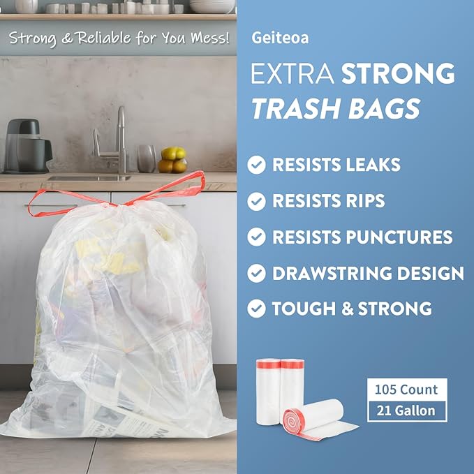 21 Gallon Kitchen Trash Bags with Drawstring Fit 20-21 Gal, Large Garbage Bags - 28" x 33.5" (Clear White), Heavy Duty Plastic Trash Liners for Kitchen Lawn Yard Office Commercial (105 Count)