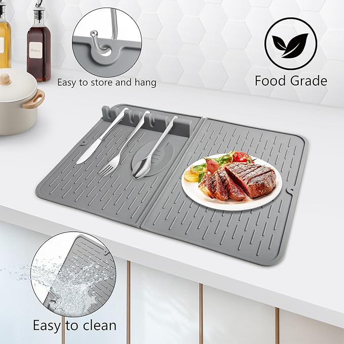 Silicone Dish Drying Mat for Kitchen Counter, Collapsible Dish Drainer Mat, Dish Drying Rack, Non-Slip, Easy to Clean (18.7x13.2 Inch)