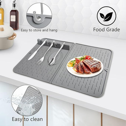 Silicone Dish Drying Mat for Kitchen Counter, Collapsible Dish Drainer Mat, Dish Drying Rack, Non-Slip, Easy to Clean (18.7x13.2 Inch)