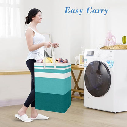 BlissTotes 3-Pack Laundry Basket, Freestanding＆Waterproof Laundry Hamper, Collapsible Tall Clothes Hamper with Easy Carry Handles for Clothes, Towels in the Family and Dorm,Gradient Green,88L
