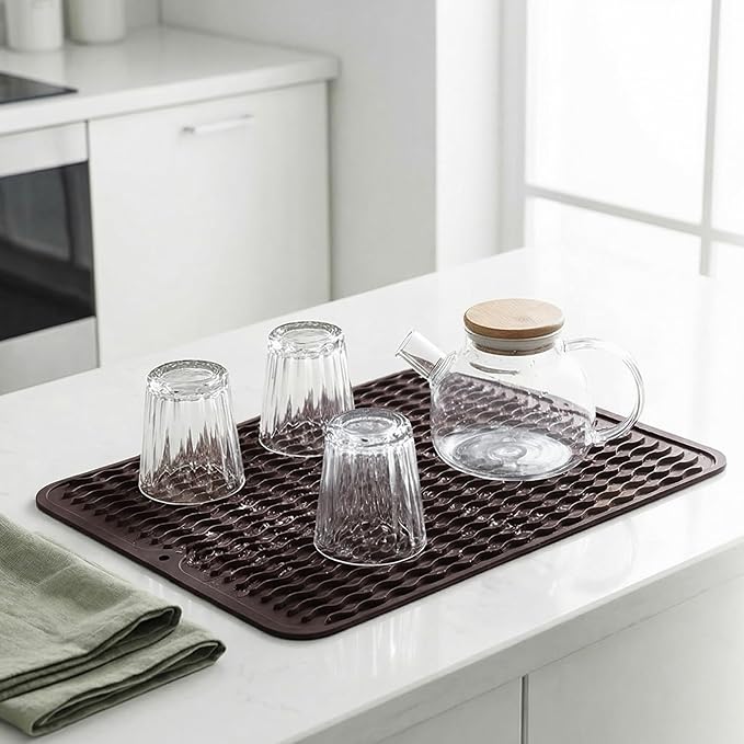 MicoYang Silicone Dish Drying Mat for Multiple Usage,Easy clean,Eco-friendly,Heat-resistant Silicone Mat for Kitchen Counter or Sink,Refrigerator or drawer liner Coffee L 16 inches x 12 inches