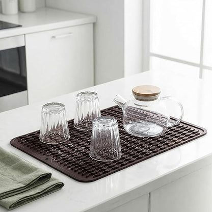 MicoYang Silicone Dish Drying Mat for Multiple Usage,Easy clean,Eco-friendly,Heat-resistant Silicone Mat for Kitchen Counter or Sink,Refrigerator or drawer liner Coffee L 16 inches x 12 inches