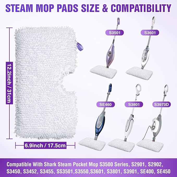S3501 S3601 Steam Mop Replacement Pads Compatible with Shark Steam Pocket Mops S3501 S3601 S3550 S3801 S3901 S3601D S3801CO S3901D S3455K S2902 SE450, Washable Microfiber Mop Pads Reusable, 3 Pack