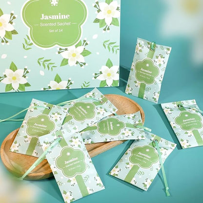 SCENTORINI Scented Sachets for Drawers and Closets, Jasmine Scent 14 Pack, Long-Lasting Sachets Bags Wardrobe Freshener for Cupboard, Shoecase, Gym Bags, Suitcases