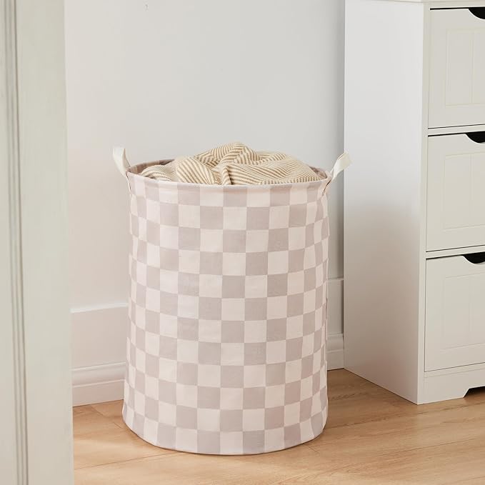 Beige Khaki Checkered Laundry Basket, Collapsible Aesthetic Cute Canvas Organizer Hamper Basket for Storage, Toy Bins, Bedroom Clothes, Children Nursery, Gift Basket