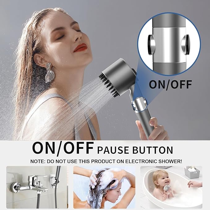 Ion Drops Shower Head, Ion Drops Filtered Showerhead with Handheld, with 60 Inch Hose and Stand, High Pressure 4 Spray Mode Shower Heads with ON/OFF Switch for Pets Bath-Remove Chlorine (Gray)
