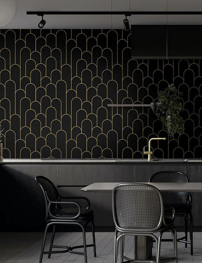 Yasinet Peel and Stick Wallpaper Black and Gold Wallpaper Modern Geometric Contact Paper for Bedroom Black Removable Self Adhesive Waterproof Wall Paper for Bathroom cabinets Vinyl 17.3”x393.7”
