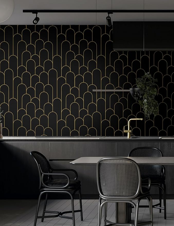 Yasinet Peel and Stick Wallpaper Black and Gold Wallpaper Black Geometric Contact Paper for Bedroom Modern Removable Self Adhesive Wall Paper Waterproof Decorative for Wall Vinyl 17.3"X118.7"