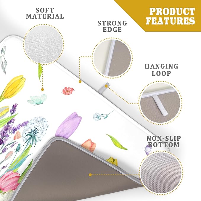 Aportt Spring Floral Dish Drying Mat With Absorbent Reversible Microfiber Watercolor Tulip Lavender Flower Drying Mats 18 x 24 Inch Dish Drainer Mat Fast Dry For Kitchen Dining Room