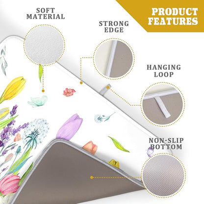 Aportt Spring Floral Dish Drying Mat With Absorbent Reversible Microfiber Watercolor Tulip Lavender Flower Drying Mats 18 x 24 Inch Dish Drainer Mat Fast Dry For Kitchen Dining Room