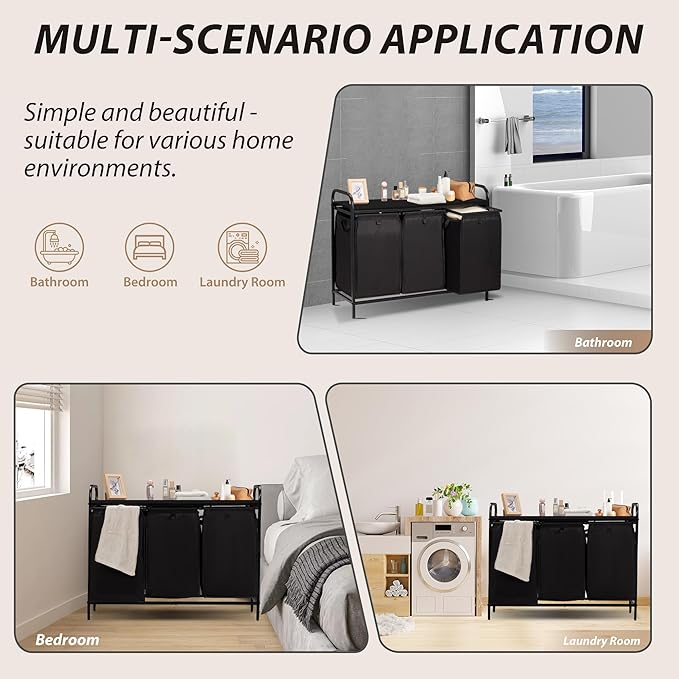3 Section Laundry Hamper with Shelf, Laundry Basket Organizer with 3 Pull-Out Removable Bags 3×12.3Gal(46.6L), Laundry Sorter for Clothes Organization in Bedroom, Laundry Room, Black